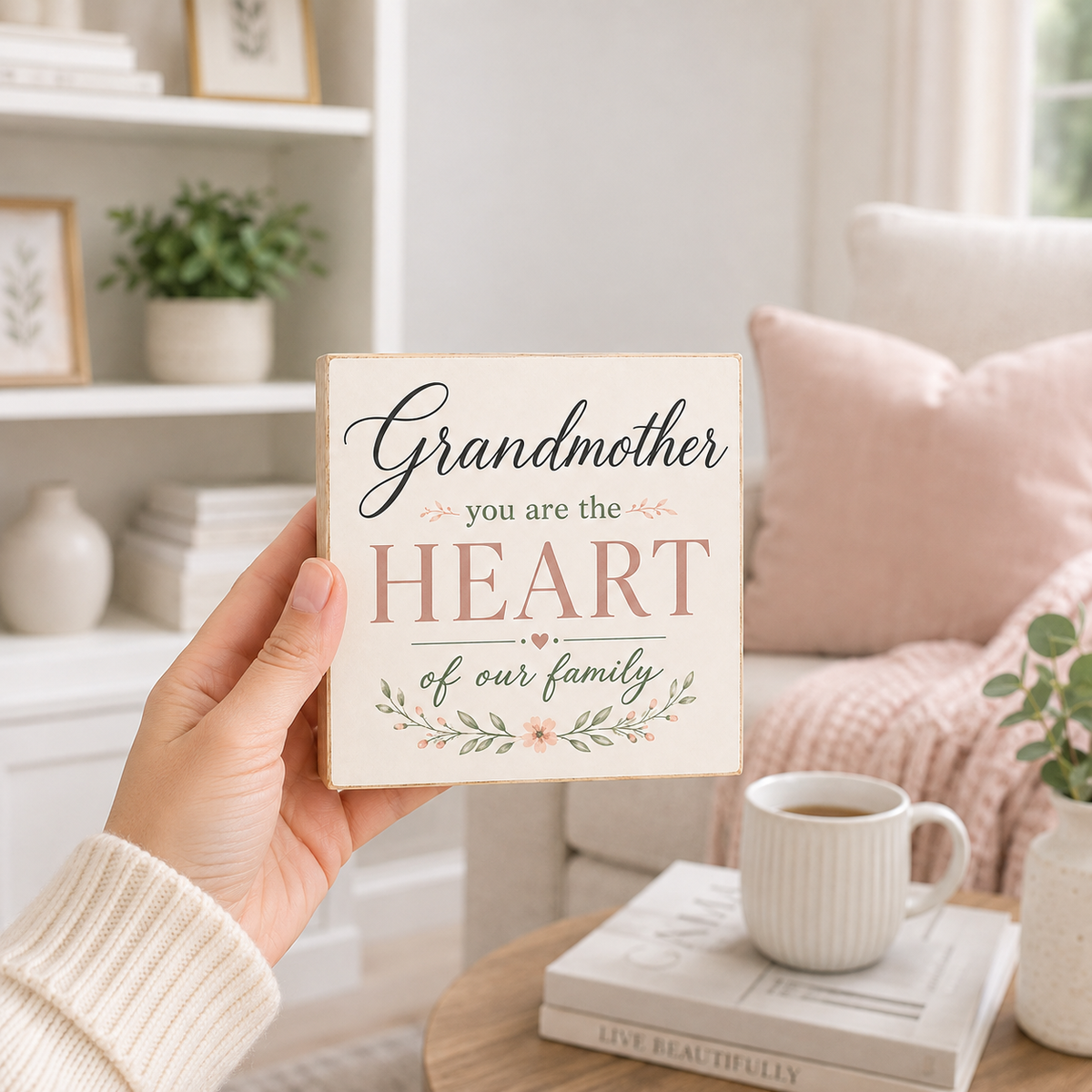 A hand holds a square wooden sign that reads 'Grandmother you are the HEART of our family' with floral accents, set against a cozy living room background with a sofa, mug, and books.