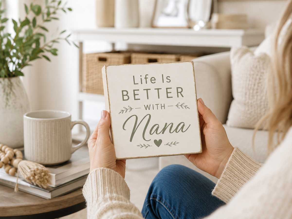 A person sitting in a cozy living room holds a square wooden sign that reads 'Life Is BETTER WITH Nana' in dark green lettering. The scene includes a beige sofa, a white mug on a table, and a potted plant in the background.