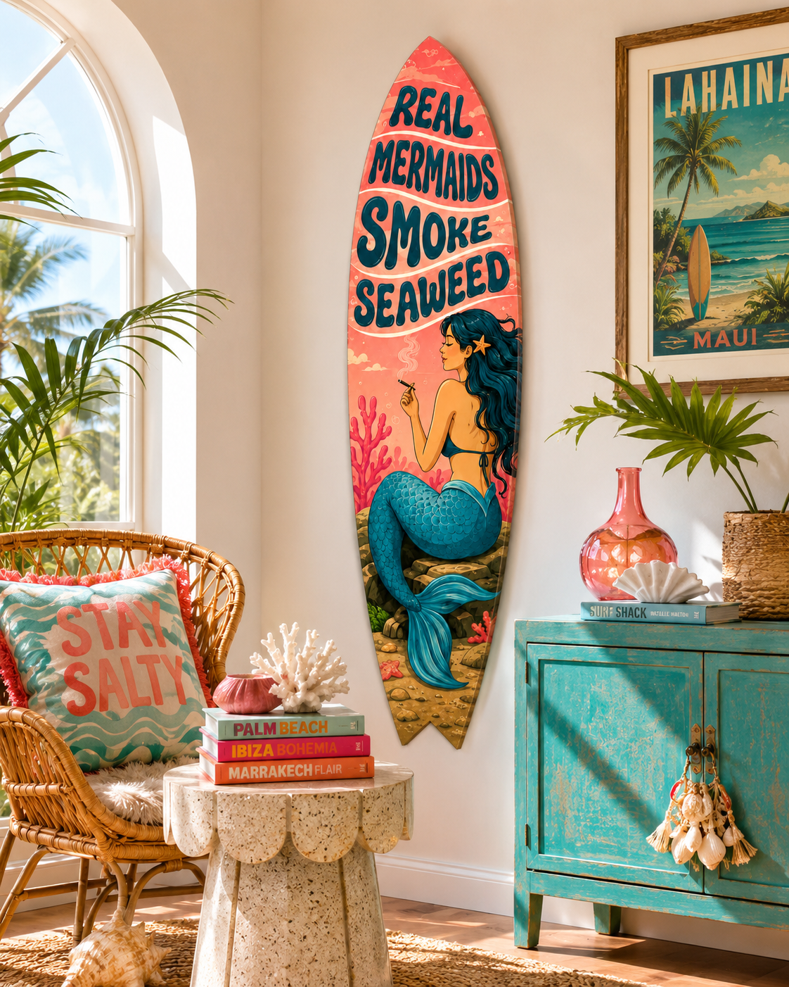 Real Mermaids Smoke Seaweed Surfboard, Beach House Wall Art
