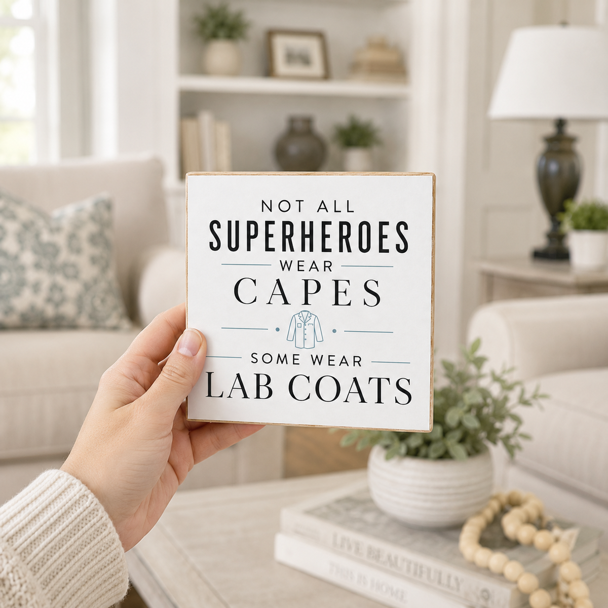 A hand holds a square white decorative sign with a rustic wood edge. The sign reads, 'NOT ALL SUPERHEROES WEAR CAPES SOME WEAR LAB COATS' with a small light blue lab coat icon in the center.