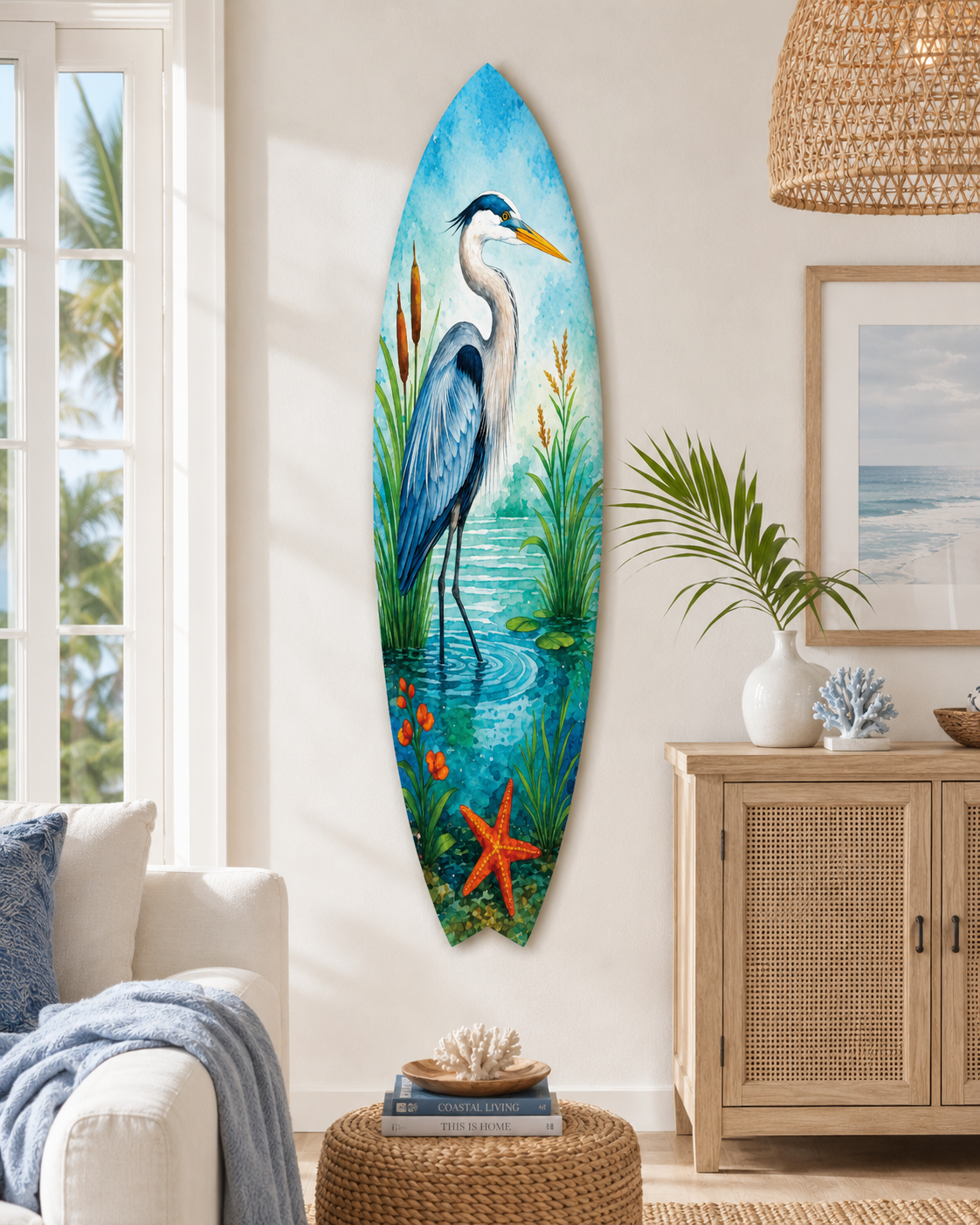 Egret Surfboard Wall Art: Coastal Bird Decor, Beach House Sign