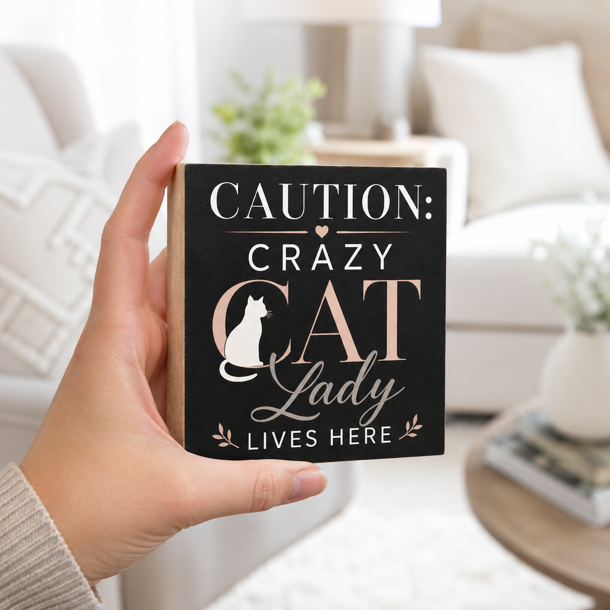 A hand holds a square black decorative wooden sign with the text 'CAUTION: CRAZY CAT Lady LIVES HERE' in white and rose-gold lettering, with a white cat silhouette. The background shows a softly blurred living room interior.