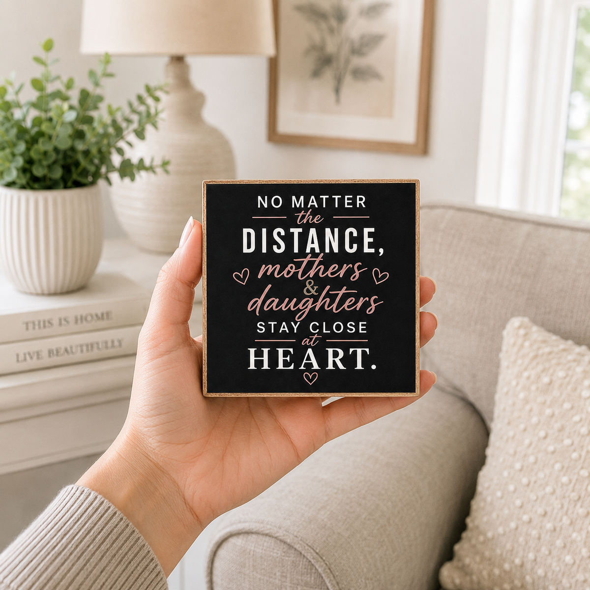 A hand holds a square black decorative sign with a wood border and the phrase 'NO MATTER the DISTANCE, mothers & daughters STAY CLOSE at HEART.' in white and rose-gold lettering, set against a cozy living room background.