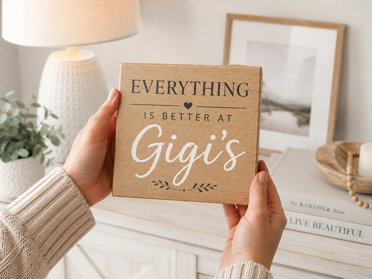 A person holds a square kraft paper sign that reads 'EVERYTHING IS BETTER AT Gigi's' in a cozy, styled home interior setting.