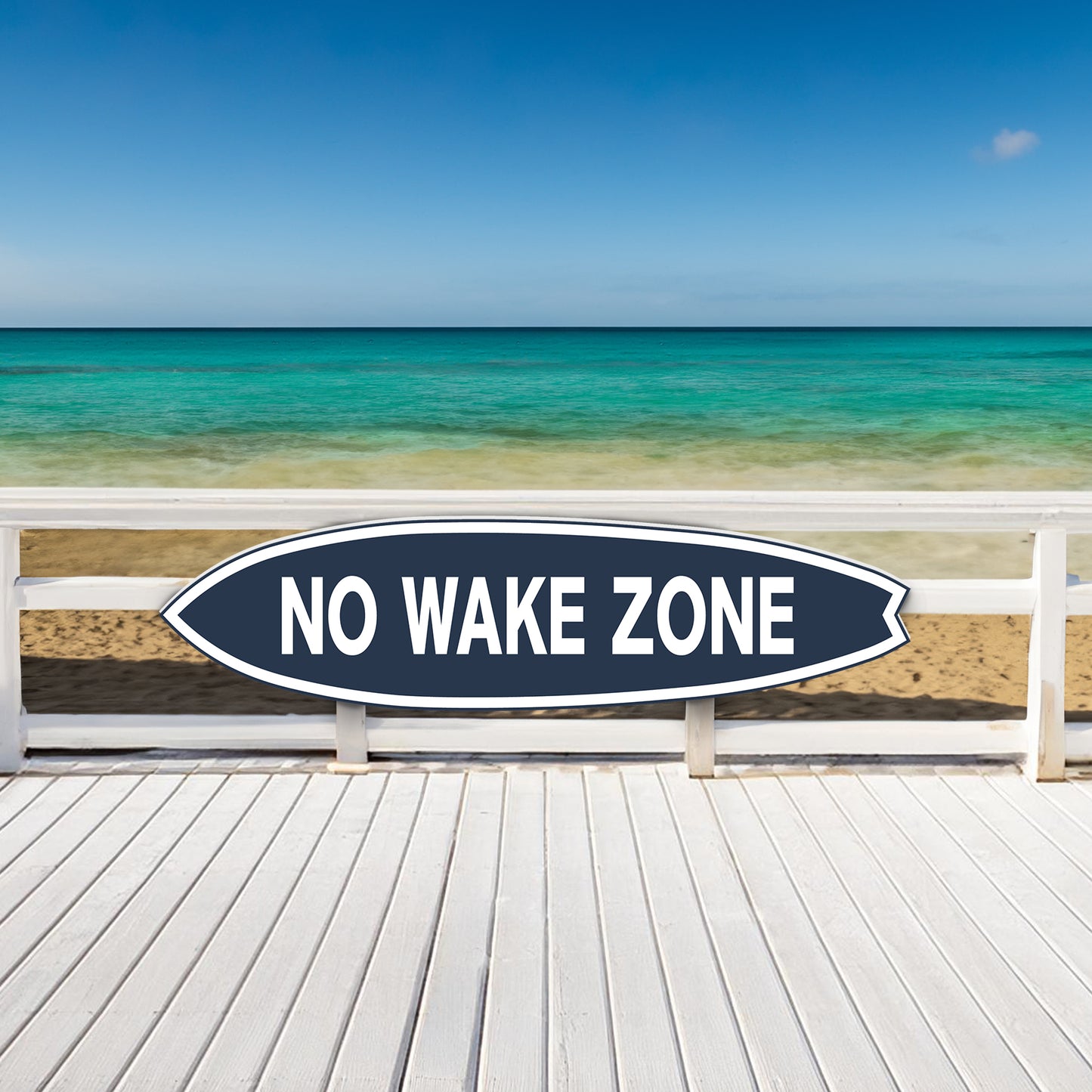 Outdoor No Wake Zone Surfboard Wall Art, PVC for Outside and Inside, Blue and White Nautical Decor, 4 Foot