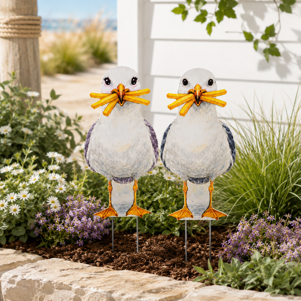 Sully & Sally Seagull Yard Signs, Set of 2, Coastal Garden Decor, 12 Inch PVC
