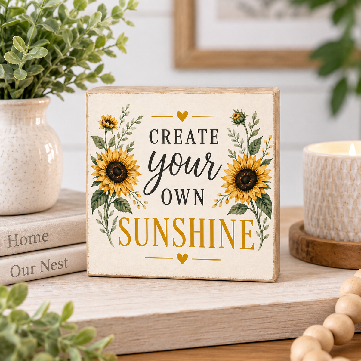 A square decorative wooden sign with a sunflower illustration and the phrase “CREATE your OWN SUNSHINE” in black and mustard lettering, styled on a tabletop with books, a plant, a candle, and a bead strand.