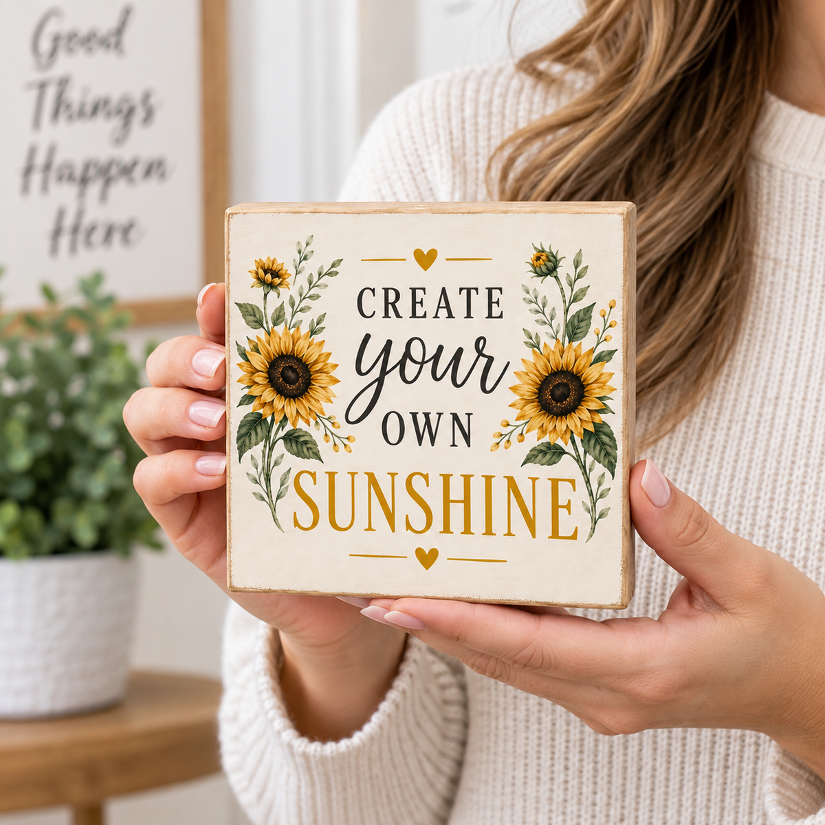 A woman in a cream knit sweater holds a square decorative sign that reads “CREATE YOUR OWN SUNSHINE” with sunflower illustrations. The scene is set in a bright, softly blurred indoor space with a plant and framed wall art in the background.