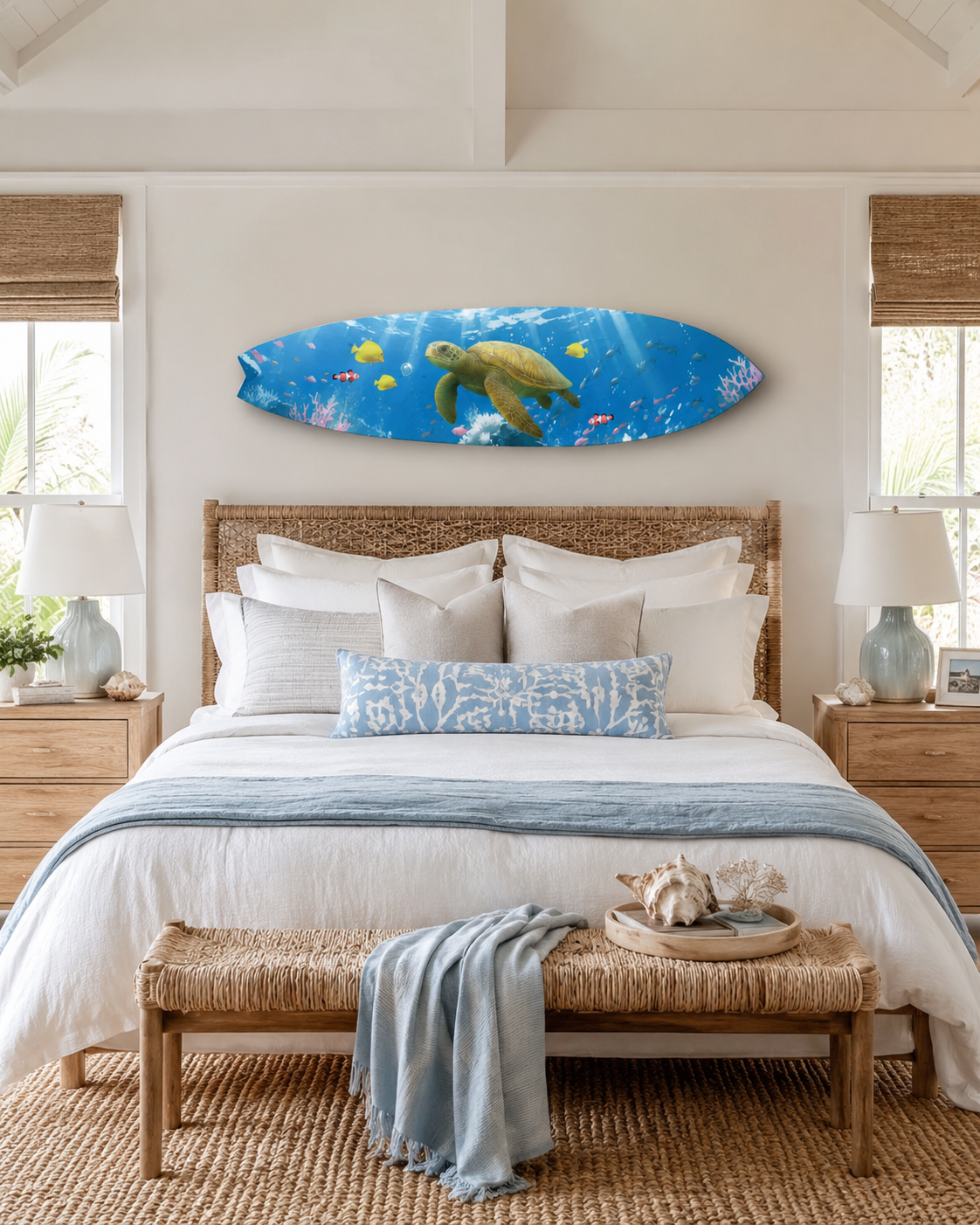 Sea Turtle Surfboard Wall Art, Horizontal Coastal PVC Decor, 1 FT to 5 FT