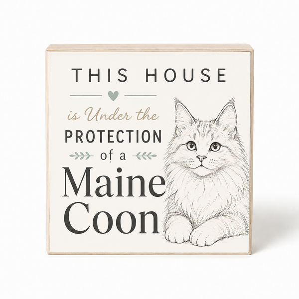 A square decorative wooden sign with a light natural wood border and a cream face, featuring the text 'THIS HOUSE is Under the PROTECTION of a Maine Coon' alongside a detailed black-and-white line drawing of a Maine Coon cat. The sign is photographed against a clean white background.