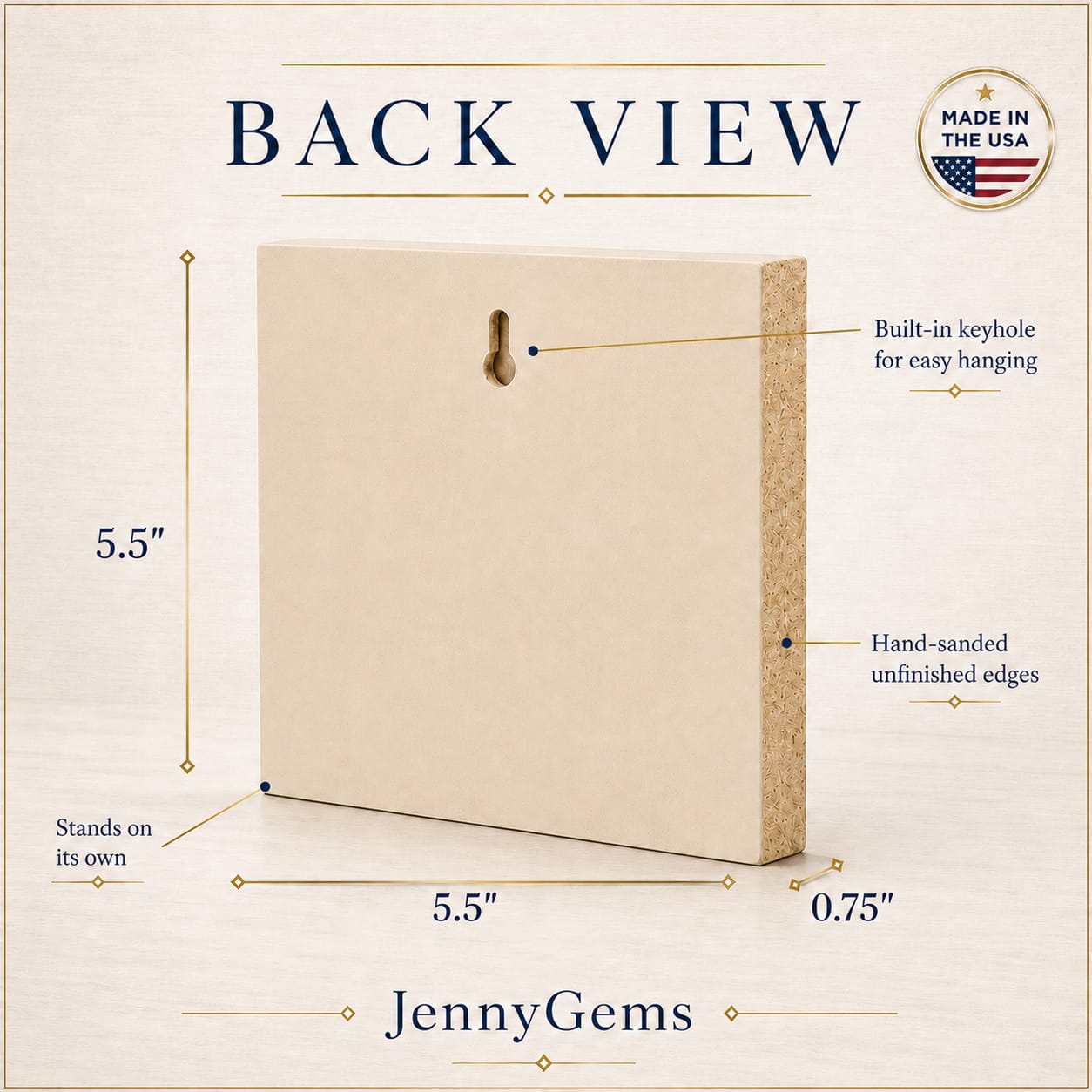 Back view diagram of a framed art board by JennyGems, showing dimensions of 5.5 inches by 5.
