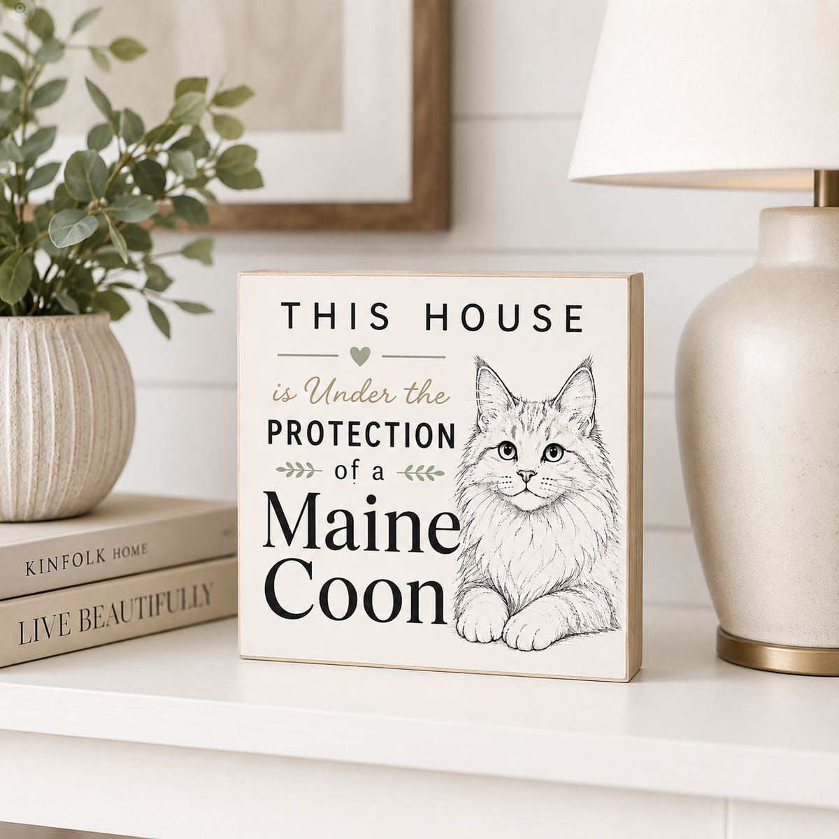 A square decorative sign with a black-and-white Maine Coon cat illustration and the text 'THIS HOUSE is Under the PROTECTION of a Maine Coon' displayed on a white shelf beside a lamp, books, and a plant.