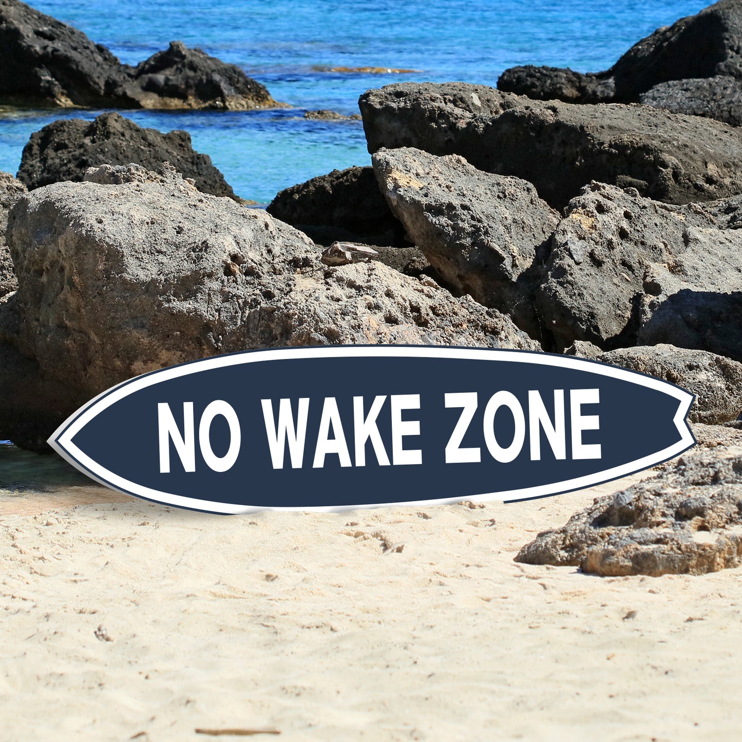 Outdoor No Wake Zone Surfboard Wall Art, Surfboard Sign, PVC for Outside and Inside, Blue and White Nautical Design, 5 Foot
