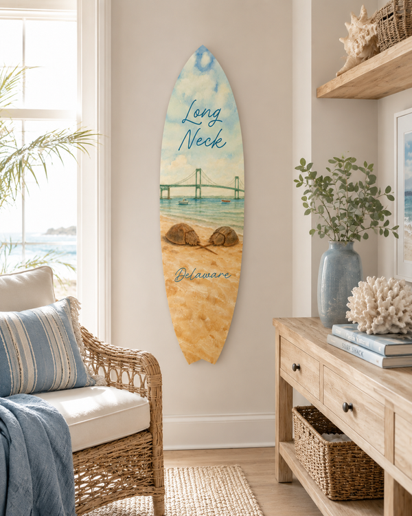 Long Neck Delaware Surfboard Wall Art, Horseshoe Crab Coastal Decor, PVC Sign