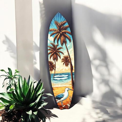 Outdoor Tropical Surfboard Wall Art, Palm Trees and Bird, Weather Resistant PVC, 4 Foot