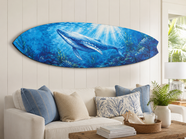 Watercolor Humpback Whale Surfboard Wall Art: Coastal Beach House Decor