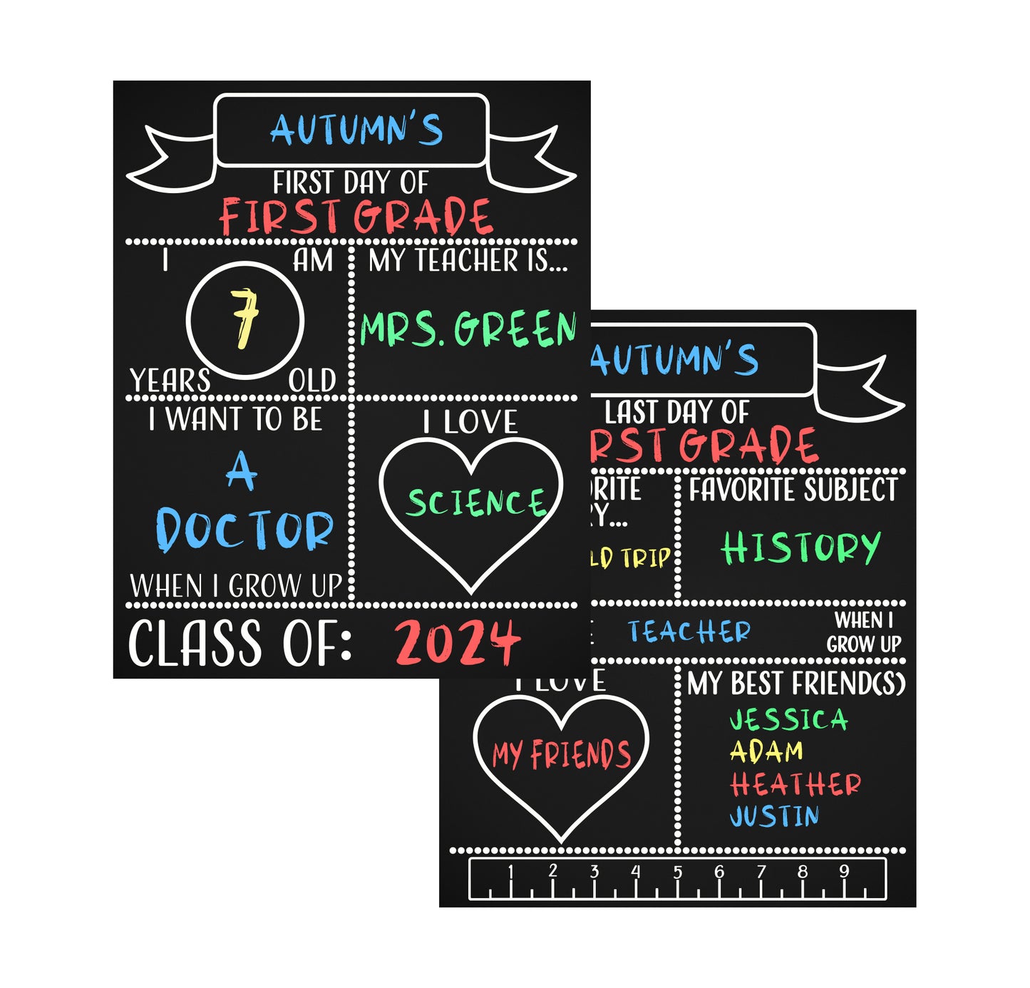 JennyGems First Day of School Sign, Reusable Double Sided Back To School Sign, Last Day of School Chalkboard, School Photo Prop, Made in USA