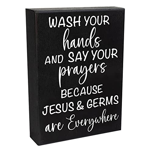 JennyGems Wash Your Hands & Say Your Prayers Sign Funny Farmhouse Bathroom Decor, Jesus and Germs Sign, Cute Farmhouse Bathroom Signs, Rustic Bathroom Wall Art Guest Bathroom Wall Decor