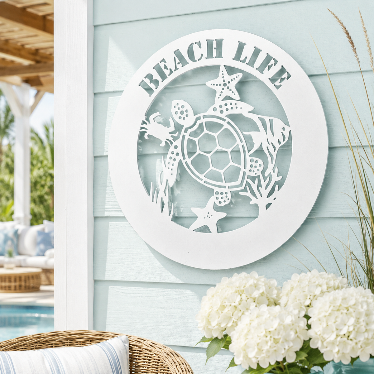 Sea Turtle Round Sign | Starfish Crab Coral | Coastal PVC Beach House Decor
