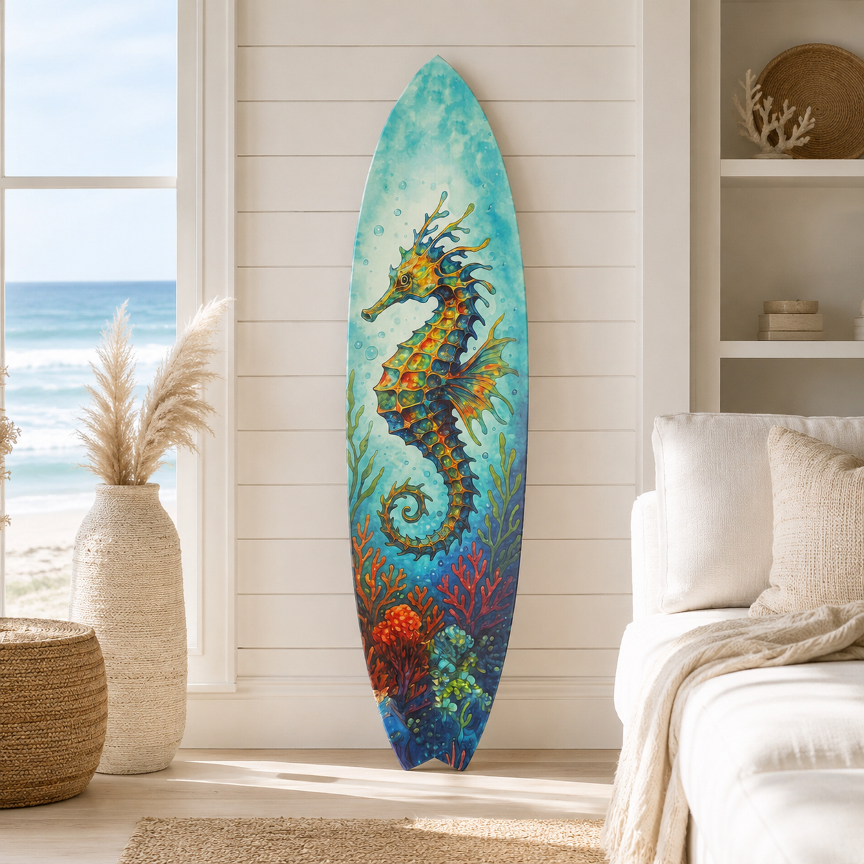 Seahorse Surfboard Wall Art, Coastal PVC Beach Decor, Ocean Theme, 1 FT-5 FT