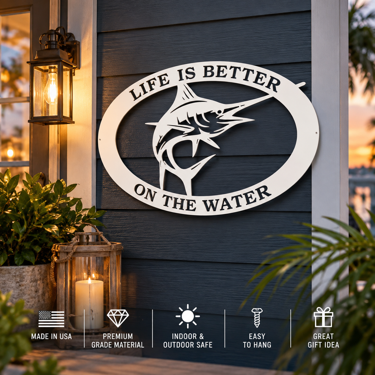Outdoor Fishing Wall Hanging, Marlin Billfish Sign | Coastal PVC Beach House Decor