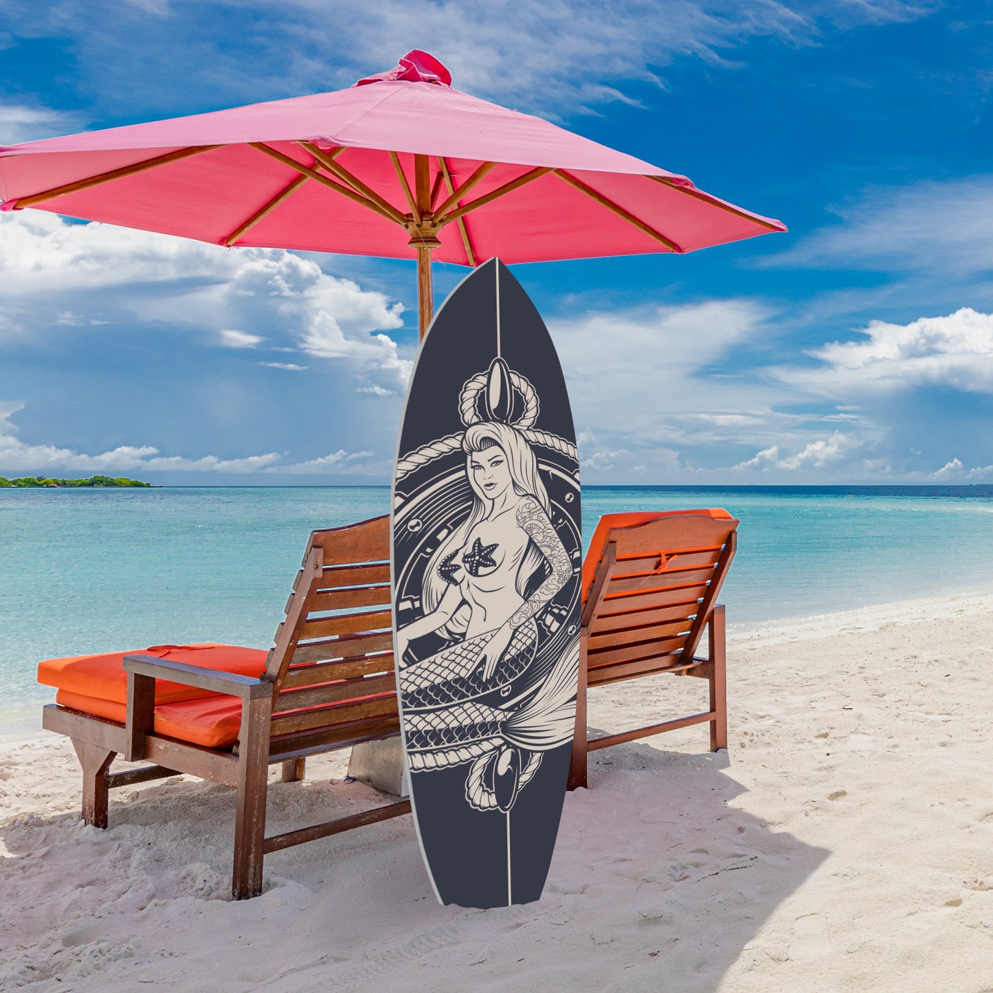 Outdoor Mermaid Surfboard Wall Art – Weatherproof PVC – Coastal Mermaid Sign for Beach House or Pool Area – Nautical Decor, 5 Foot