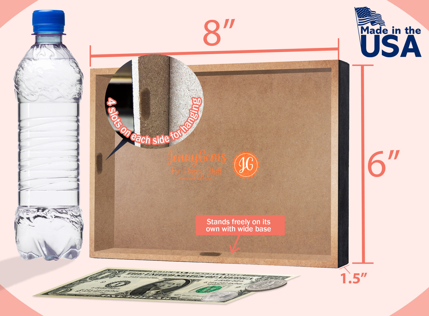 Brown box with dimensions, water bottle, and dollar bill for scale on a pink background.