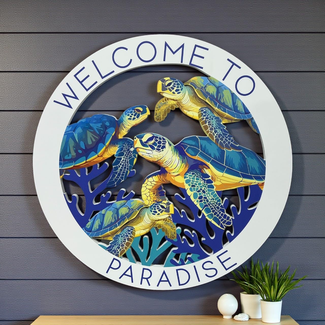 Outdoor Turtle Wall Art - Welcome To Paradise Sign, Beach House Decor, Weather-Resistant PVC Indoor Outdoor