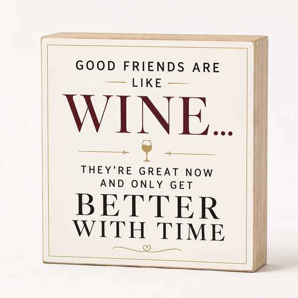 A square decorative wooden sign with a light natural wood border and cream face, featuring the quote 'GOOD FRIENDS ARE LIKE WINE.