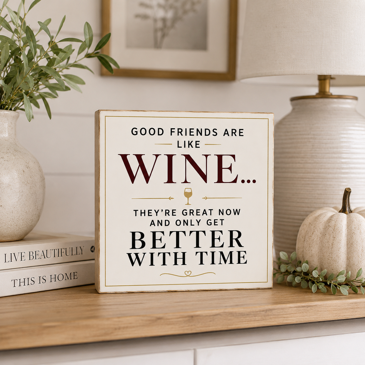 A square decorative sign with the phrase 'GOOD FRIENDS ARE LIKE WINE.