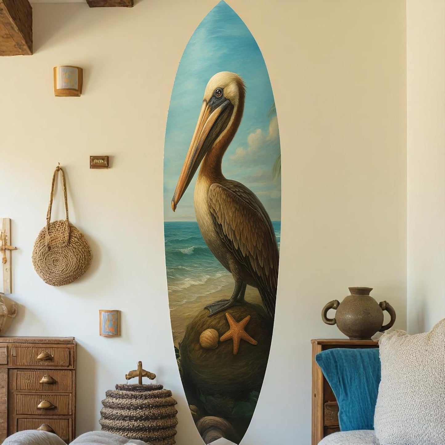 JennyGems Pelican Surfboard Wall Art, Coastal Bird Decor, Ocean Themed Surfboard Sign, Indoor Outdoor PVC, Beach House Nautical Wall Hanging, 4 Foot