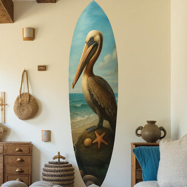 JennyGems Pelican Surfboard Wall Art, Coastal Bird Decor, Ocean Themed Surfboard Sign, Indoor Outdoor PVC, Beach House Nautical Wall Hanging, 4 Foot