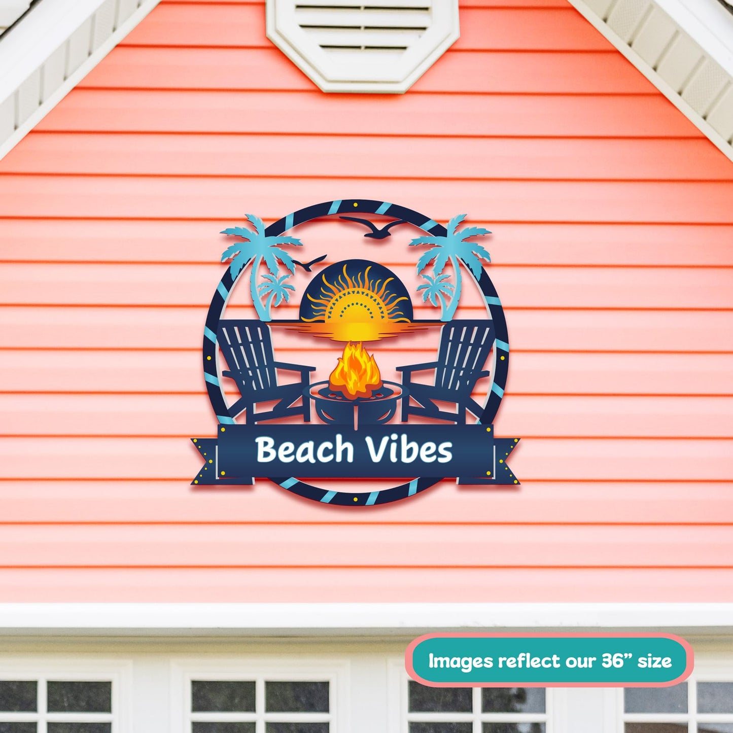Outdoor Beach Vibes Sign  Round Premium PVC Beach House Decor with Palm Trees & Fire Pit  Weatherproof Coastal Wall Art for Home, Pool Area, Shed