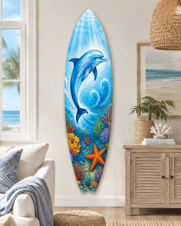 Dolphin Surfboard Decorative Beach House Wall Decor, Ocean Animal Wall Sign
