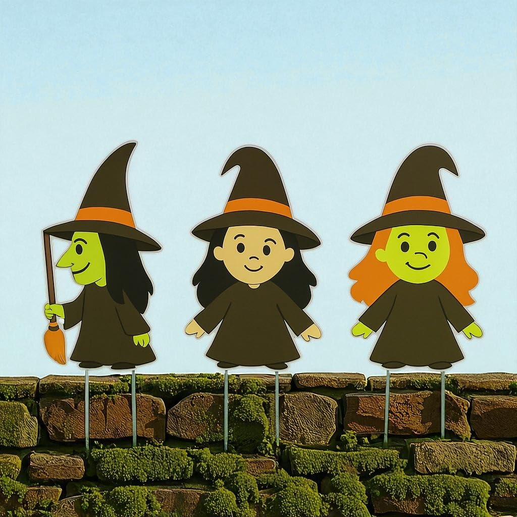 Halloween Yard Signs Set of 3, Outdoor Halloween Witch Stakes, Weatherproof PVC Decorations