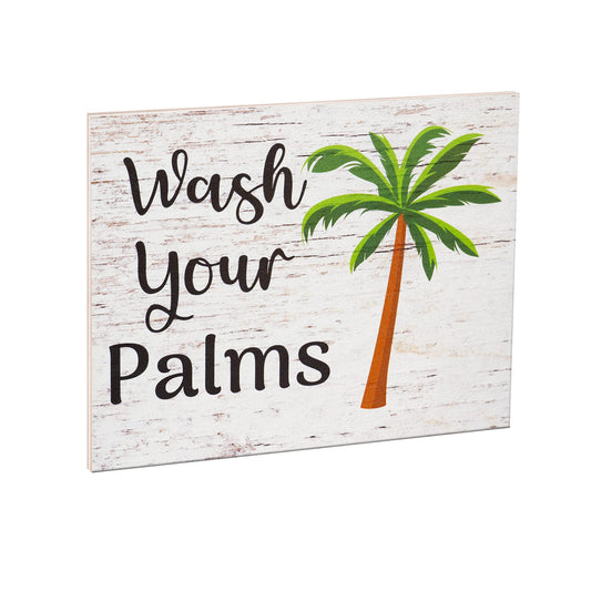 JennyGems Wash Your Palms Wooden Sign, Funny Bathroom Decor, Palm Tree Beach Wall Art, Made in USA