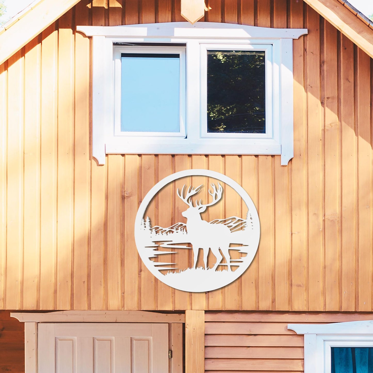 Outdoor Deer Wall Art  Deer Decor for Cabin, Lodge, or Rustic Home Exterior, PVC Wilderness Sign with Mountains and Pine Trees, 36 Inch Round