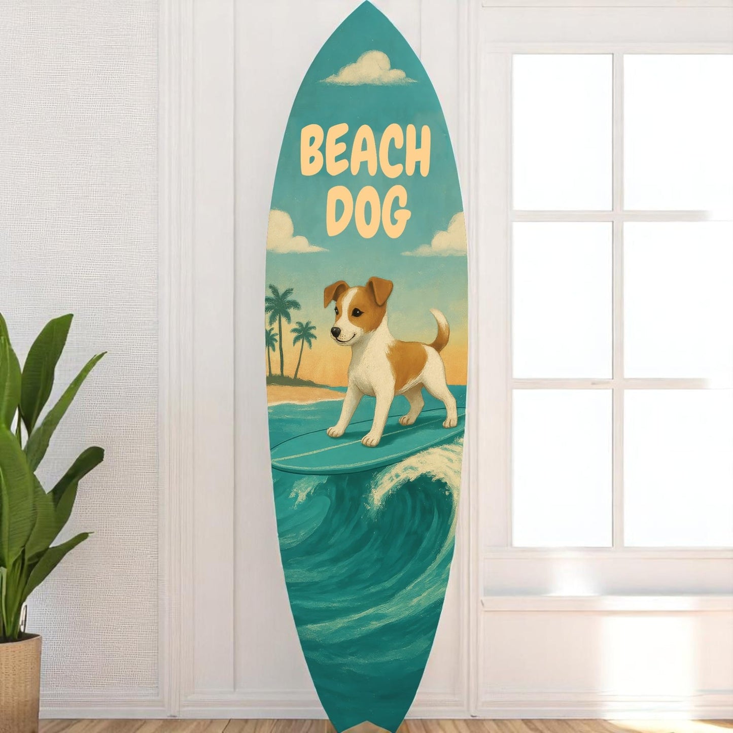 Outdoor Surfboard Wall Decor – Coastal Pet Wall Art for Porch, Pool, Fence, PVC Beach House Decor for Dog Owners, Beach Dog