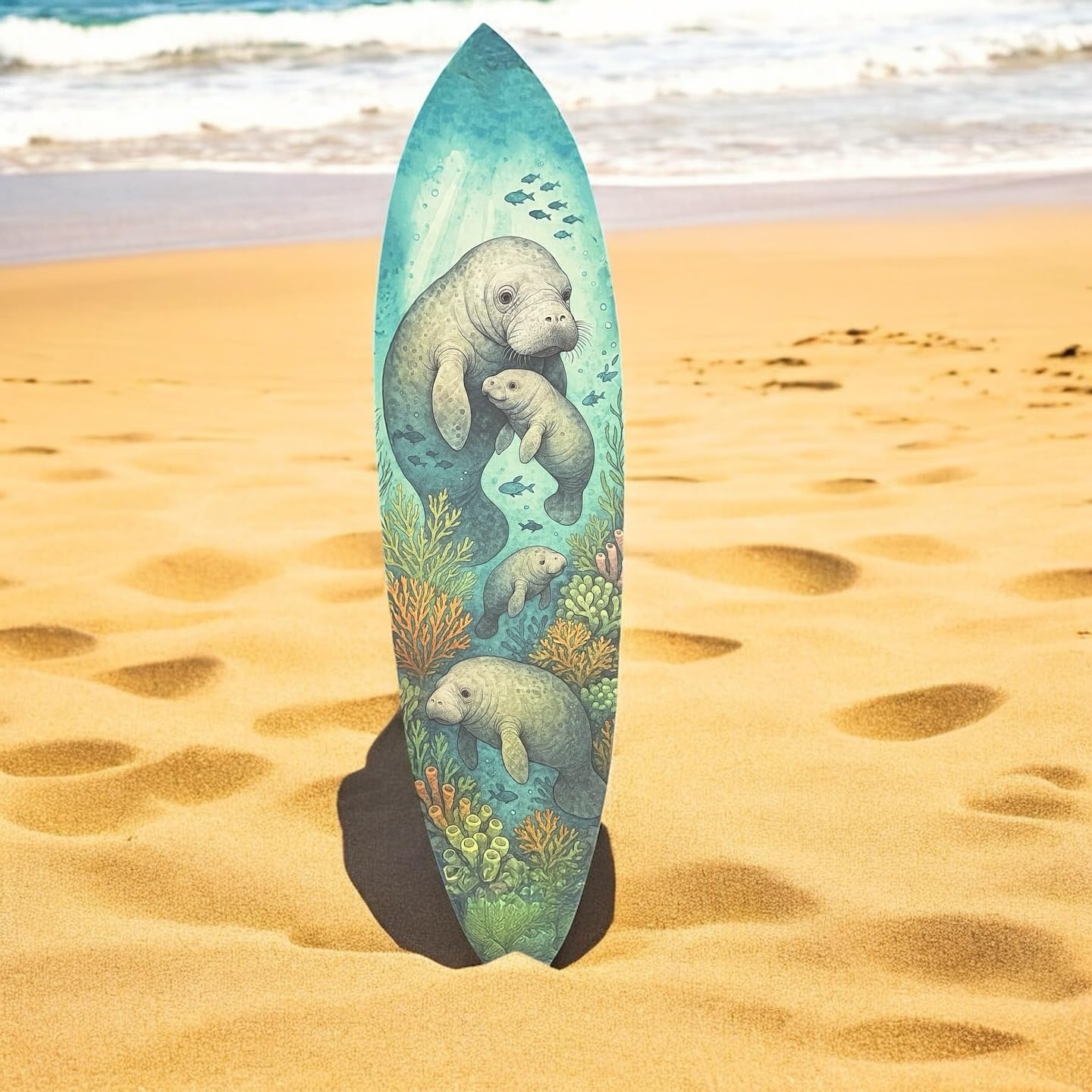 Manatee Surfboard Wall Art – Coastal PVC Beach Decor, Under the Sea Ocean Theme Sign, Weatherproof Outdoor Surfboard with Manatees & Coral