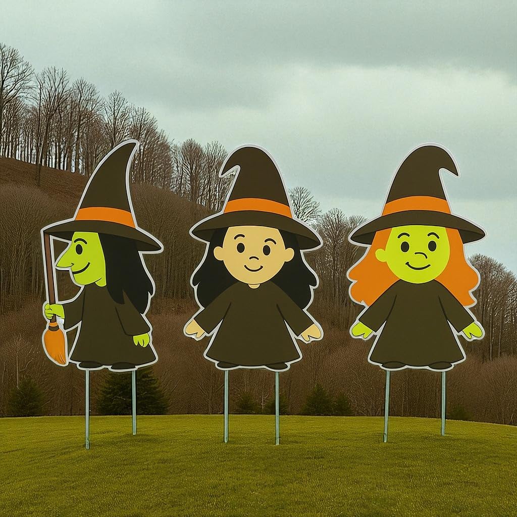 Halloween Yard Signs Set of 3, Outdoor Halloween Witch Stakes, Weatherproof PVC Decorations