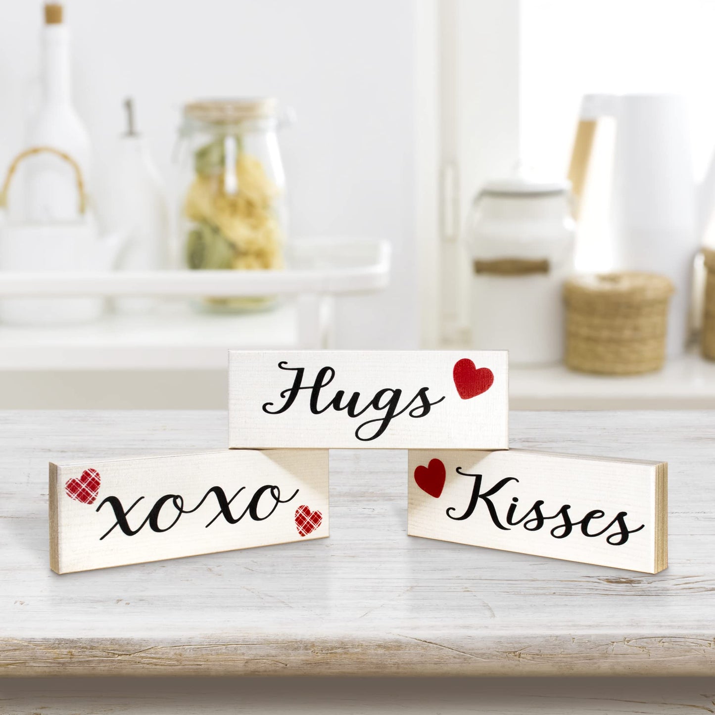 Hugs and Kisses Signs, 3pc Wooden Block Set, Valentine's Day Decor