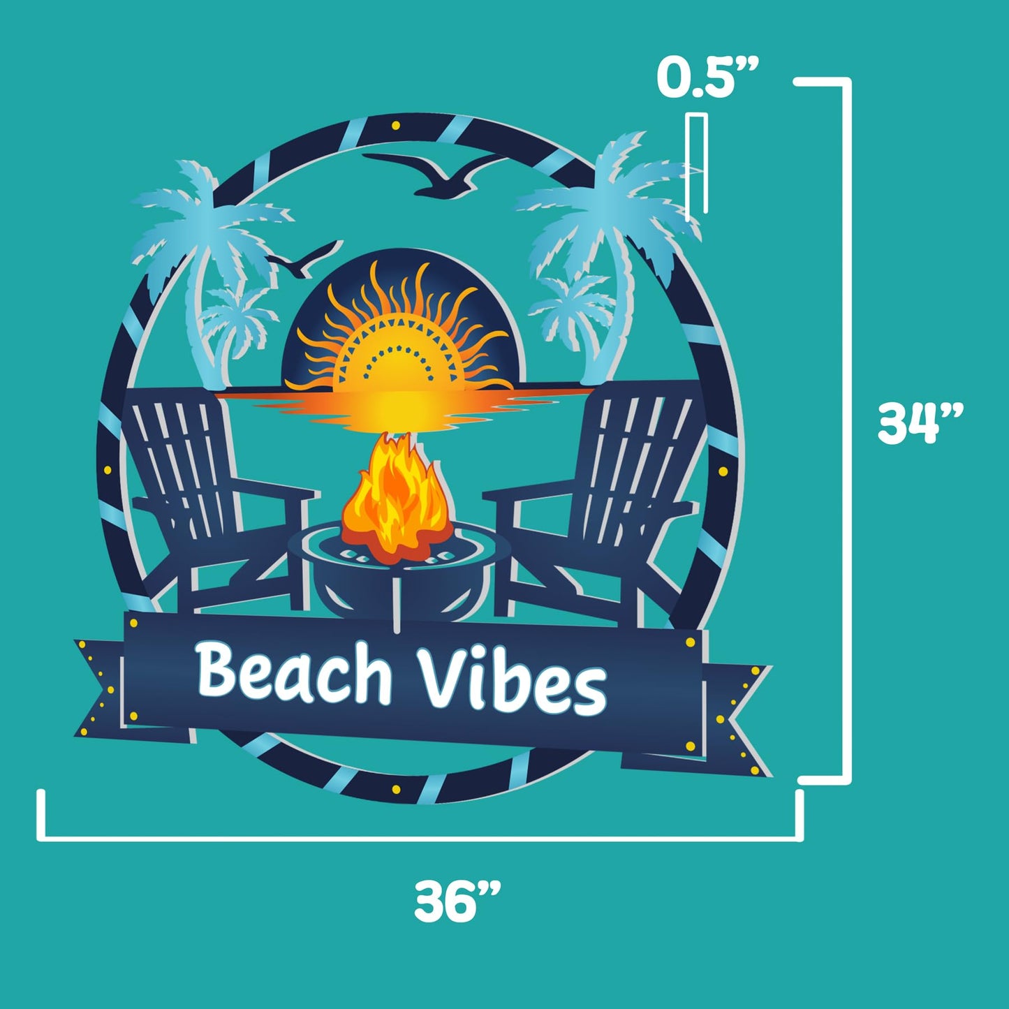 Outdoor Beach Vibes Sign  Round Premium PVC Beach House Decor with Palm Trees & Fire Pit  Weatherproof Coastal Wall Art for Home, Pool Area, Shed