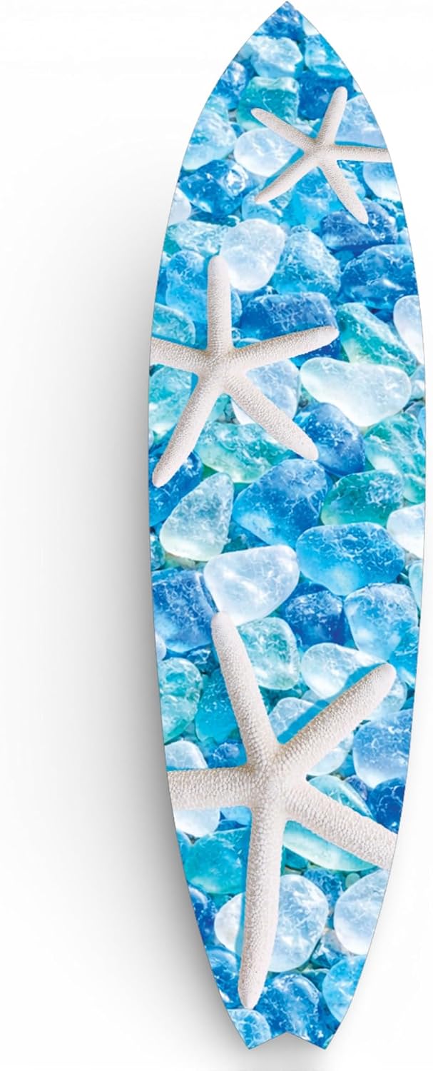 Starfish and Seaglass Decorative Surfboard, Blue Ocean Theme, Premium PVC, Indoor Outdoor Safe, CNC Machine Cut, Made in USA