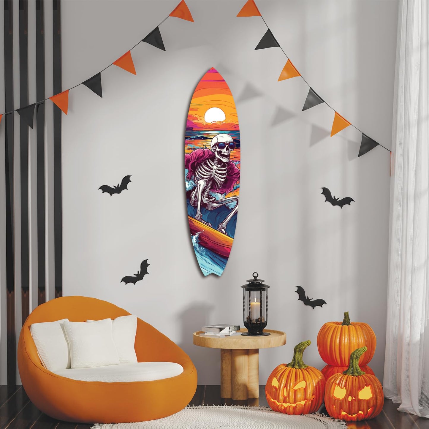 Halloween Surfboard Wall Art – Spooky Skeleton Surfing Outdoor PVC Sign – Coastal Halloween Decor for Porch, Patio, or Beach House