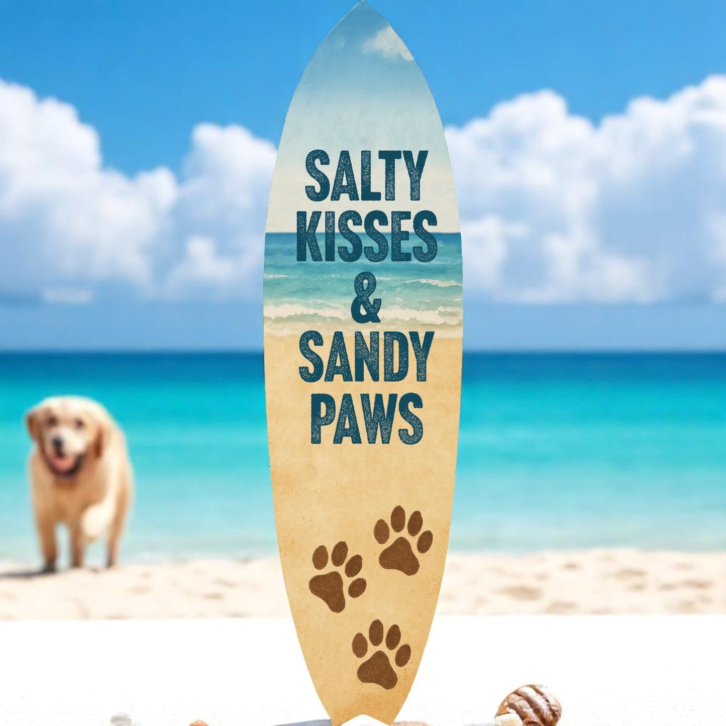 Outdoor Dog Surfboard Wall Decor – Coastal Pet Wall Art for Porch, Pool, Fence, PVC Beach House Decor for Dog Owners, Salty Kisses