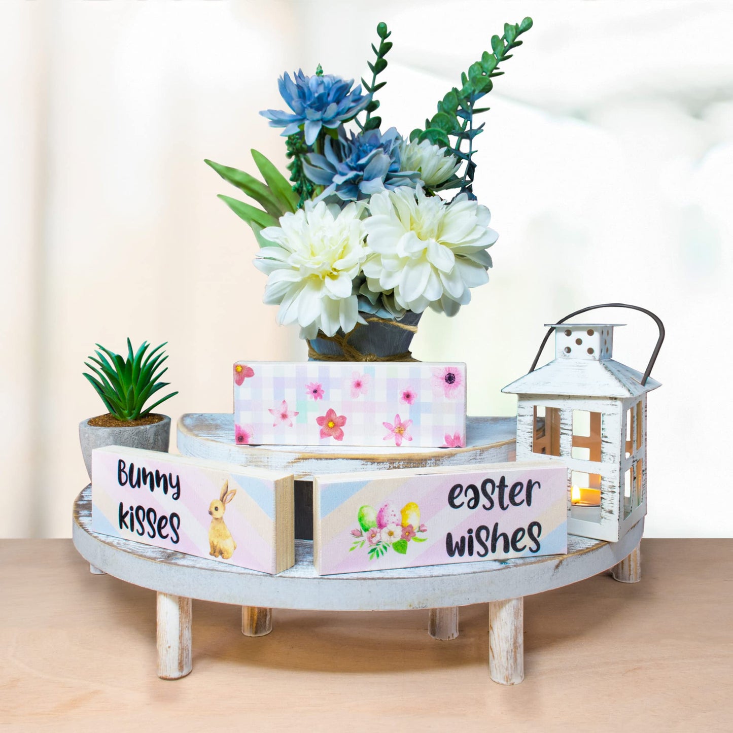 Easter Tiered Tray Decor, Bunny Kisses Easter Wishes 3 Piece Mini Wooden Block Set, Farmhouse Decorations