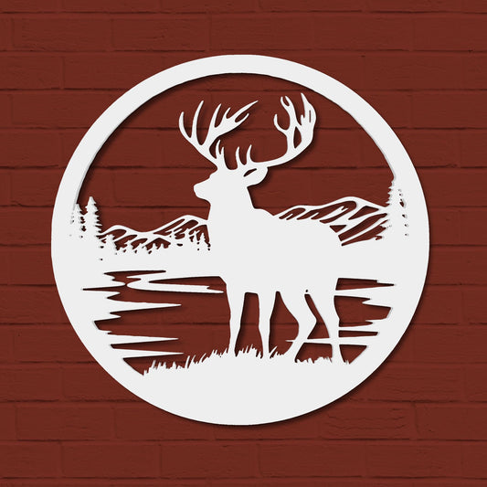Outdoor Deer Wall Art  Deer Decor for Cabin, Lodge, or Rustic Home Exterior, PVC Wilderness Sign with Mountains and Pine Trees, 36 Inch Round