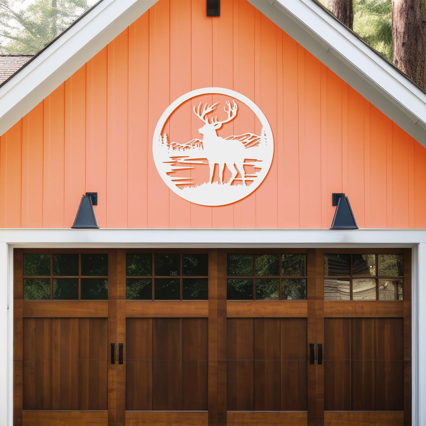 Outdoor Deer Wall Art  Deer Decor for Cabin, Lodge, or Rustic Home Exterior, PVC Wilderness Sign with Mountains and Pine Trees, 36 Inch Round