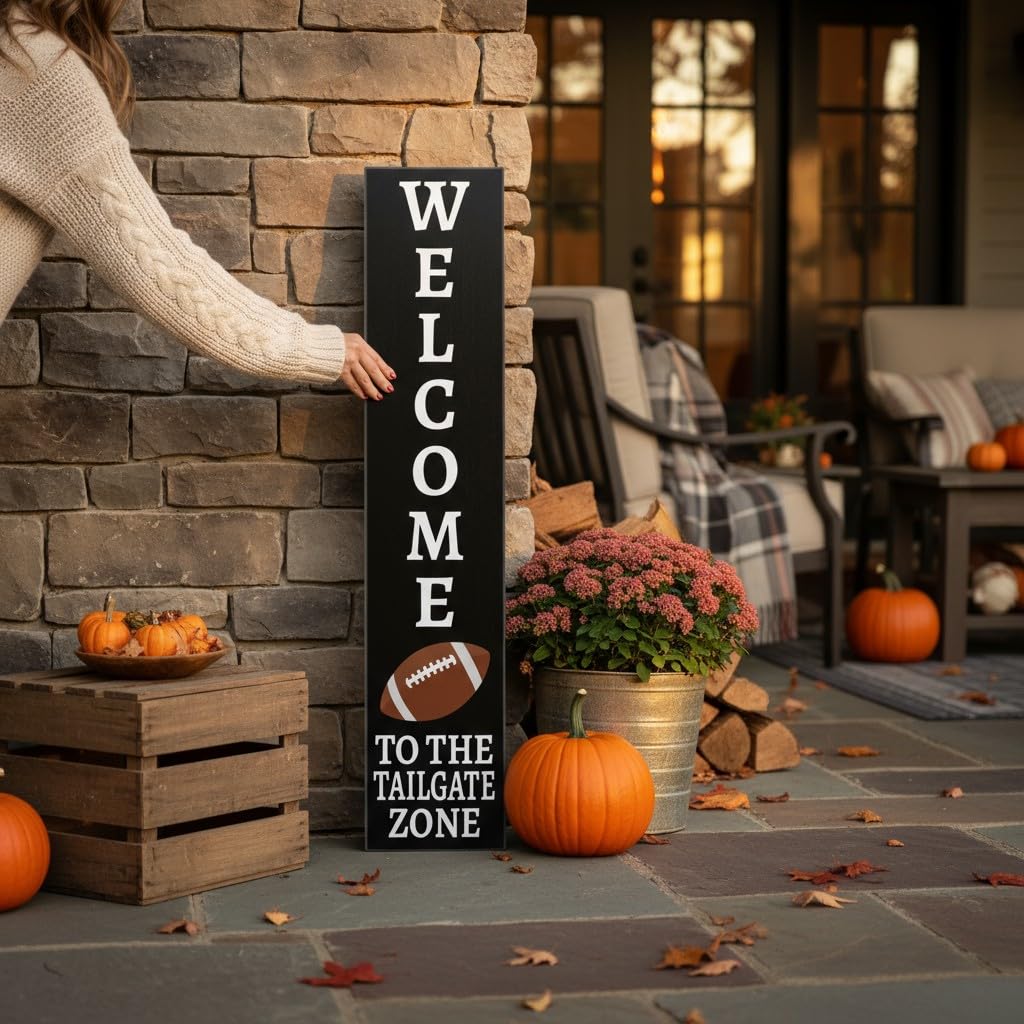 Football Porch Sign Outdoor PVC Welcome to the Tailgate Zone, Football Decorations for Front Door, Vertical Leaner Standing Decor