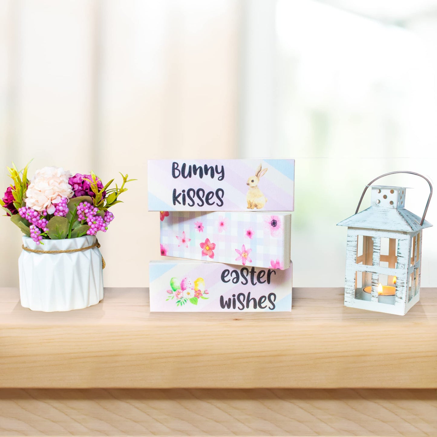 Easter Tiered Tray Decor, Bunny Kisses Easter Wishes 3 Piece Mini Wooden Block Set, Farmhouse Decorations